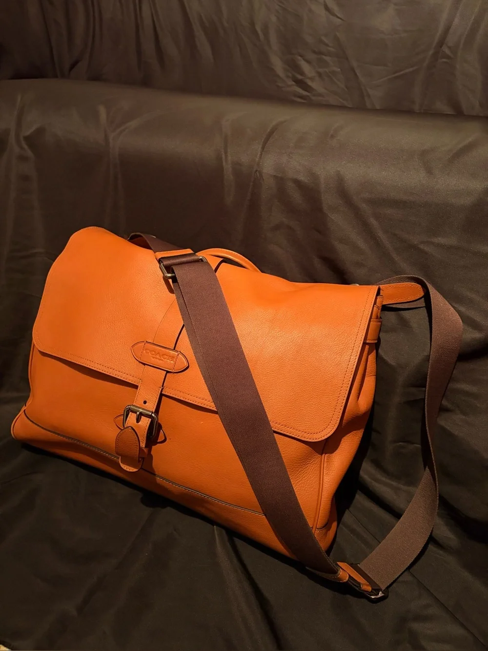 Coach Leather Messenger Bag in warm Terracotta Tan with Dark Brown Strap